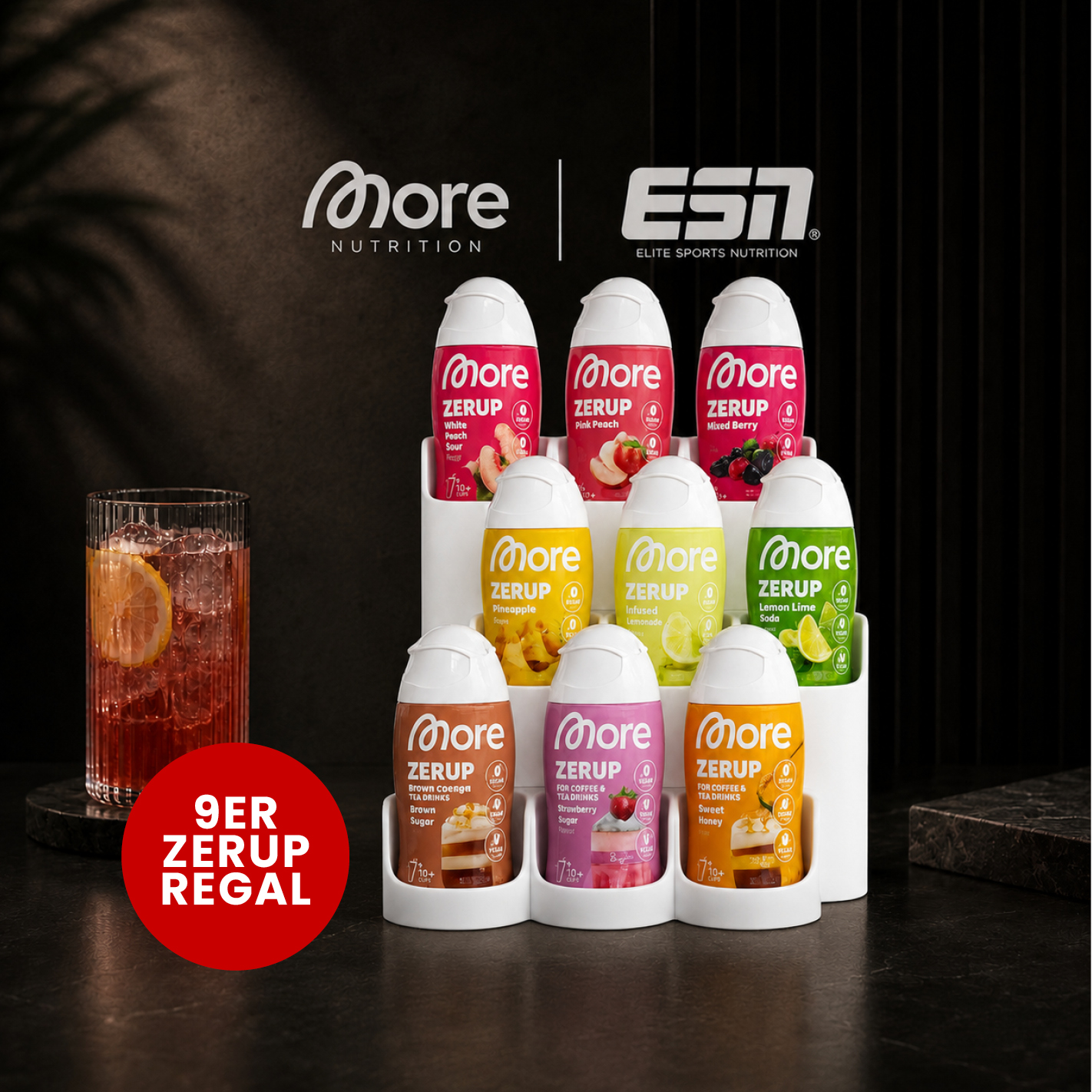 More Nutrition & ESN I Zerup Organizer für 9 Flaschen – Modular erweiterbar – 3D gedruckt I 1 Stück