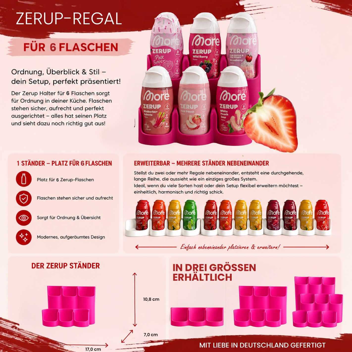 More Nutrition & ESN I Zerup Organizer für 6 Flaschen – Modular erweiterbar – Exklusive Monatsfarbe Magenta – 3D gedruckt I 1 Stück