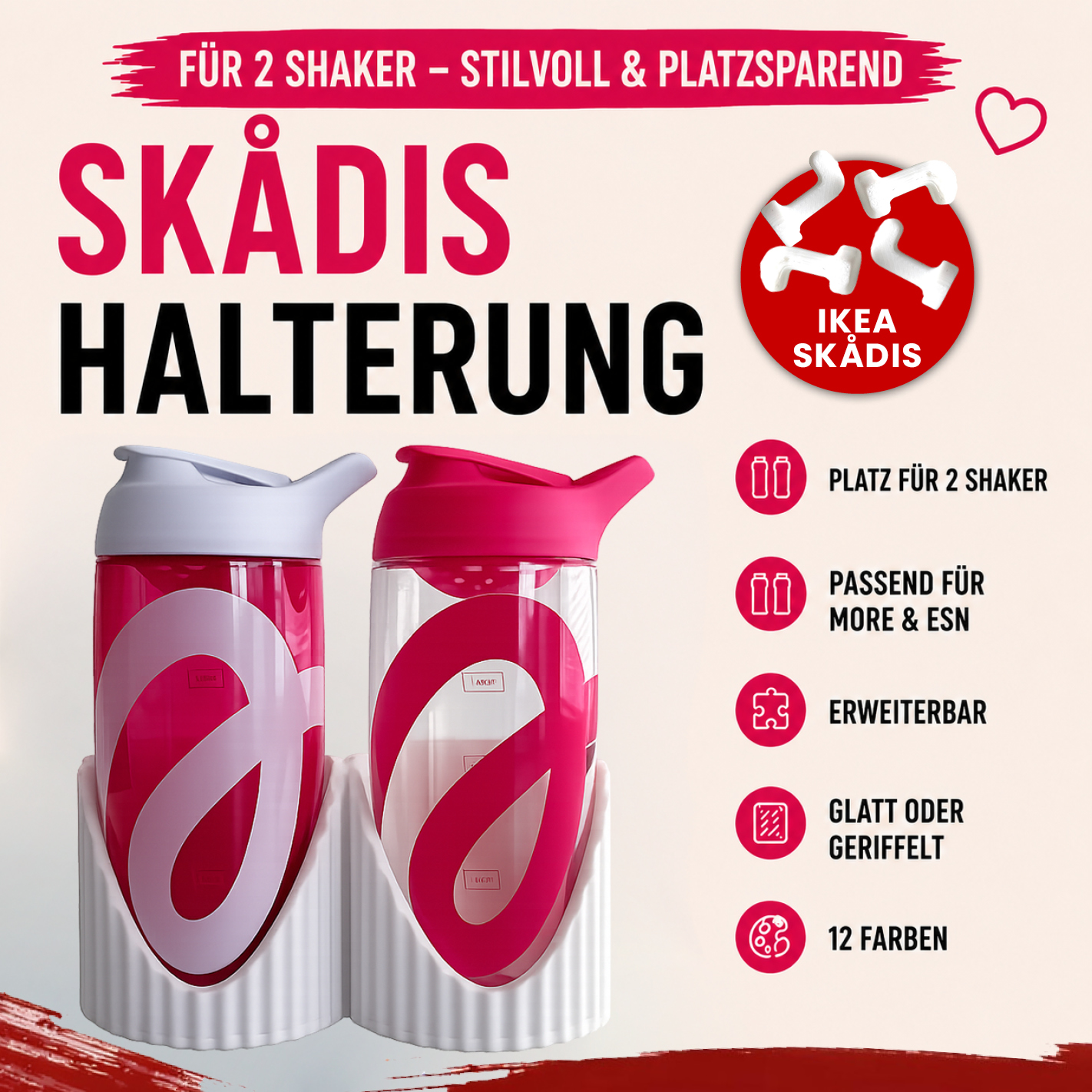 Shaker Halter für IKEA SKÅDIS | Passend für More Nutrition & ESN Shaker | Für 2 Shaker | Glatt | 3D-Druck | 12 Farben