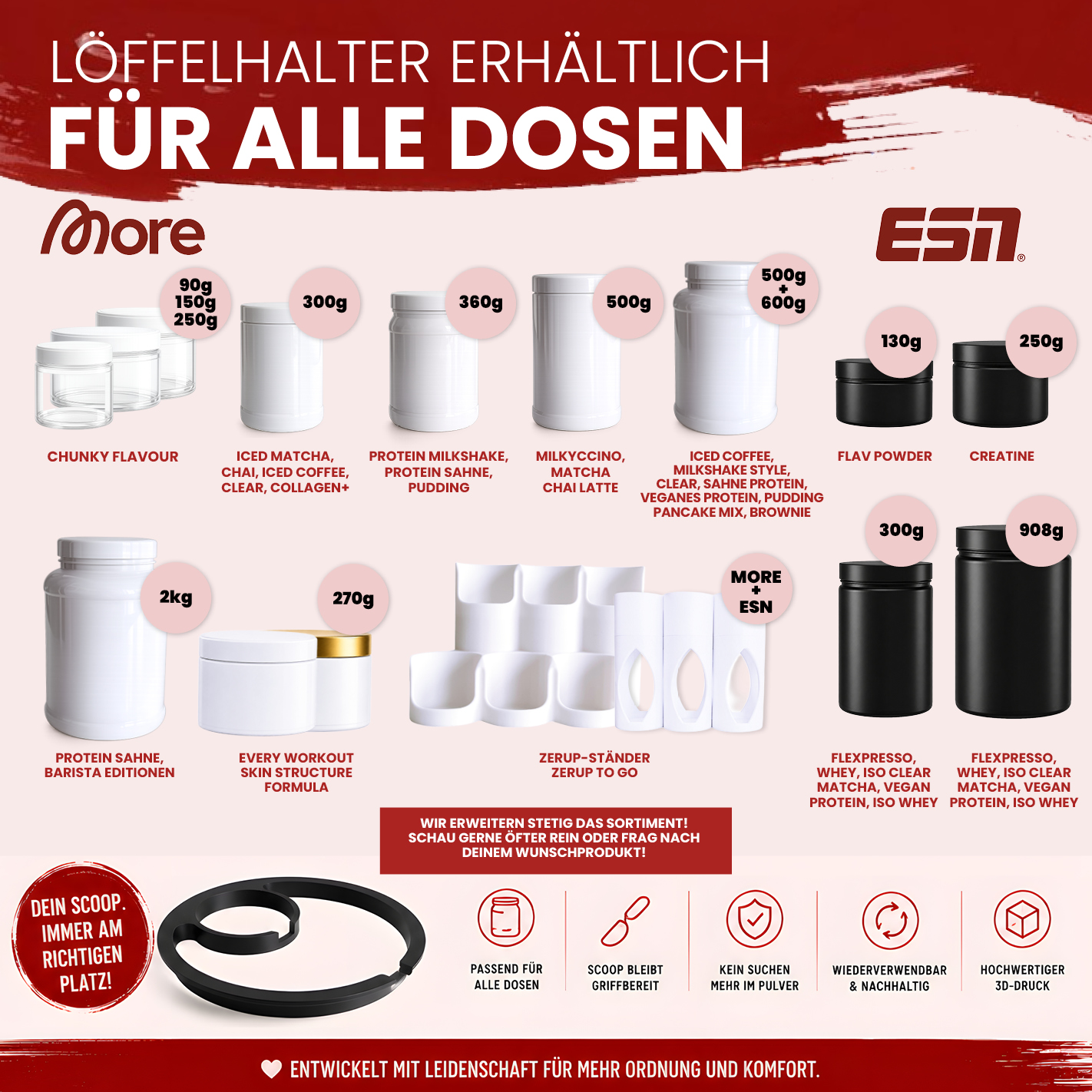 Design Vorratsbox für More Nutrition & ESN | Aufbewahrungsbox für Proben, Porridge & Grieß | Geriffelt | 3D-Druck | 12 Farben I 1 Stück