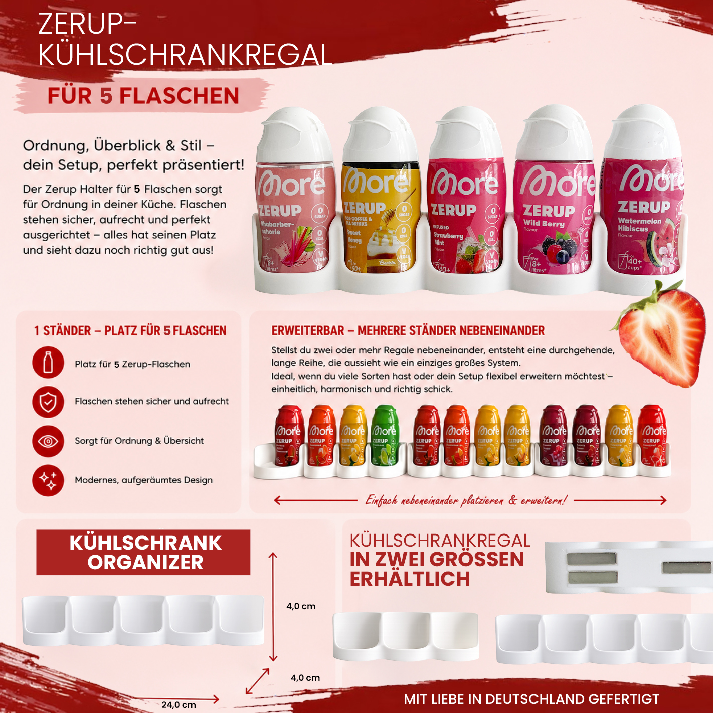 Zerup Kühlschrank Organizer für 5 Flaschen | Passend für More Nutrition & ESN | Magnetischer Kühlschrankhalter | 3D-Druck | 12 Farben
