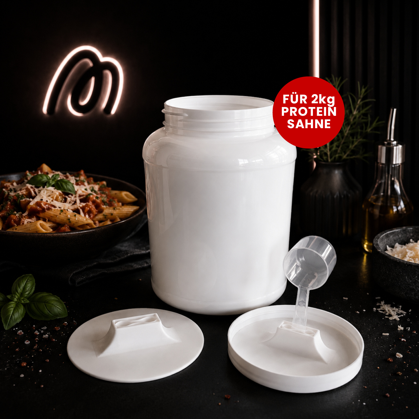 More Nutrition (1) Löffelhalter für 2kg More Protein Sahne Dosen – Wiederverwendbarer Halter für transparenten More Scoop | 3D gedruckt