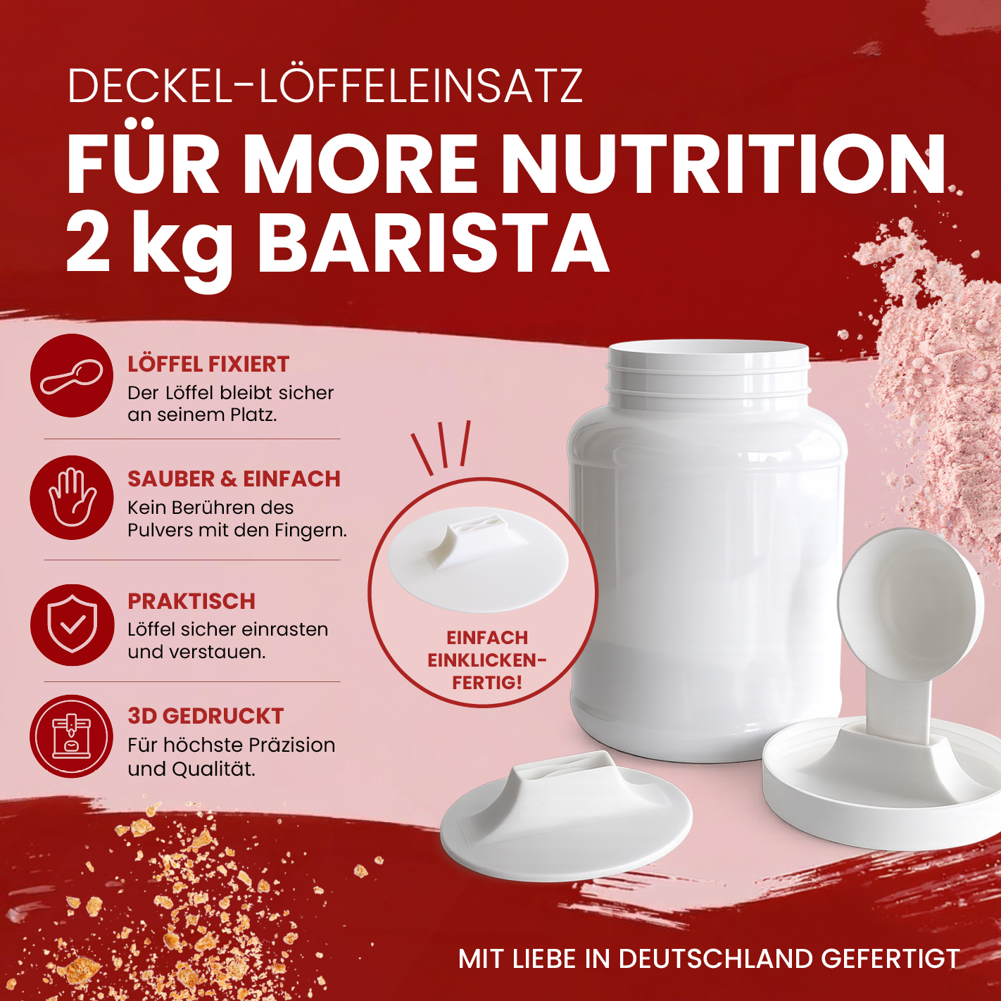 More Nutrition (1) Löffelhalter für 2kg More Barista Dosen – Wiederverwendbarer Halter für weißen More Scoop | 3D gedruckt I weiß