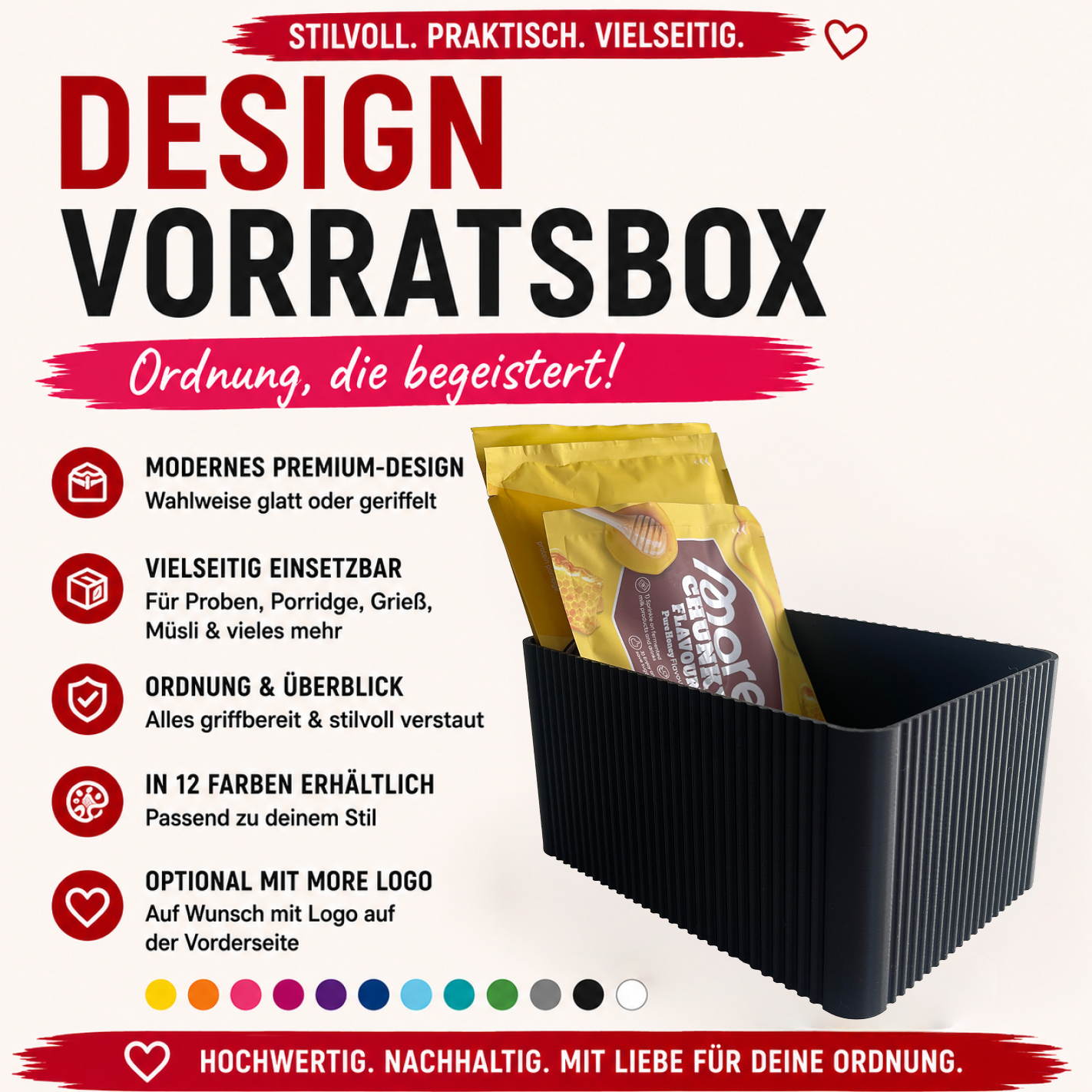 Design Vorratsbox für More Nutrition & ESN | Aufbewahrungsbox für Proben, Porridge & Grieß | Geriffelt | 3D-Druck | 12 Farben I 1 Stück