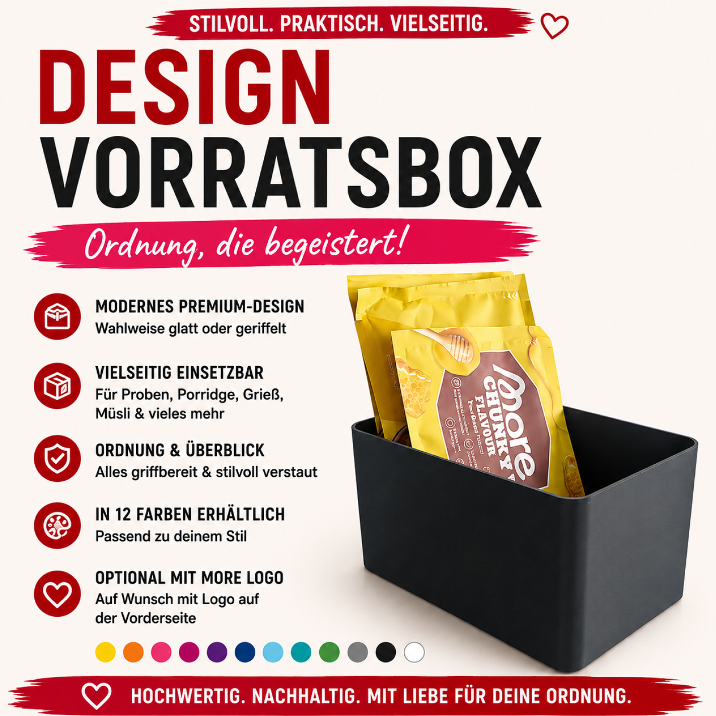 Design Vorratsbox für More Nutrition & ESN | Aufbewahrungsbox für Proben, Porridge & Grieß | Glatt | 3D-Druck | 12 Farben I 1 Stück