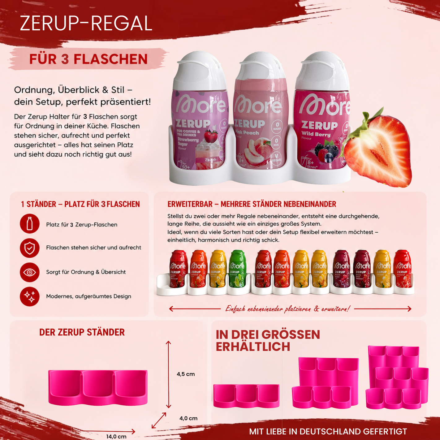 More Nutrition & ESN I Zerup Organizer für 3 Flaschen – Modular erweiterbar – Exklusive Monatsfarbe Magenta – 3D gedruckt I 1 Stück
