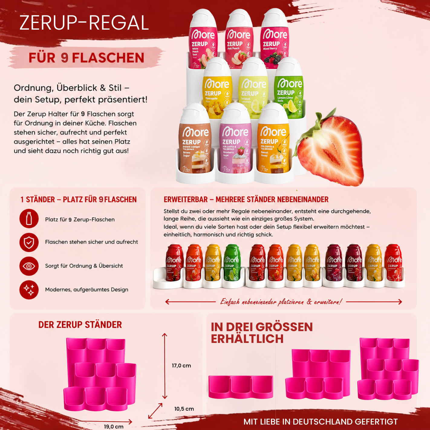 More Nutrition & ESN I Zerup Organizer für 9 Flaschen – Modular erweiterbar – Exklusive Monatsfarbe Magenta – 3D gedruckt I 1 Stück