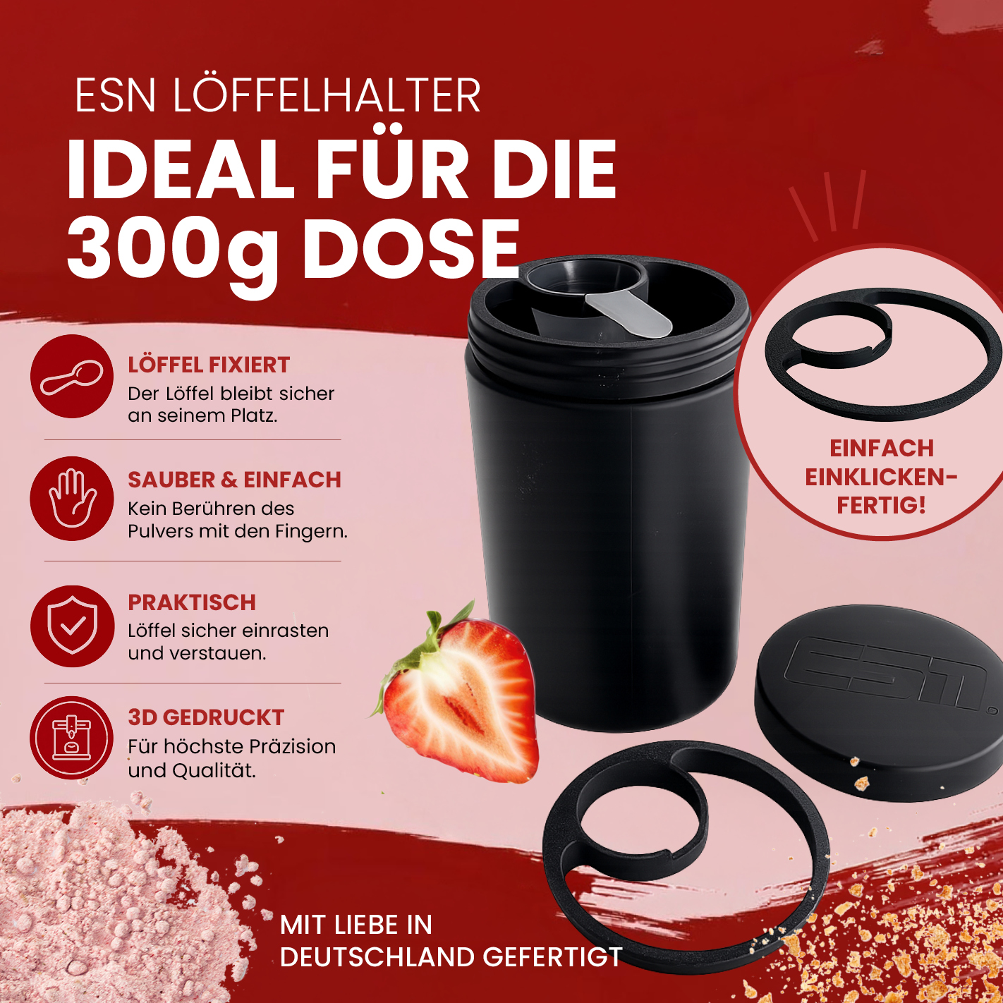 ESN (1)Löffelhalter für 300 g Protein Dose – Scoop Halter & Abstreifhilfe | 3D gedruckter Einsatz | Passend für ESN Geschmackspulver
