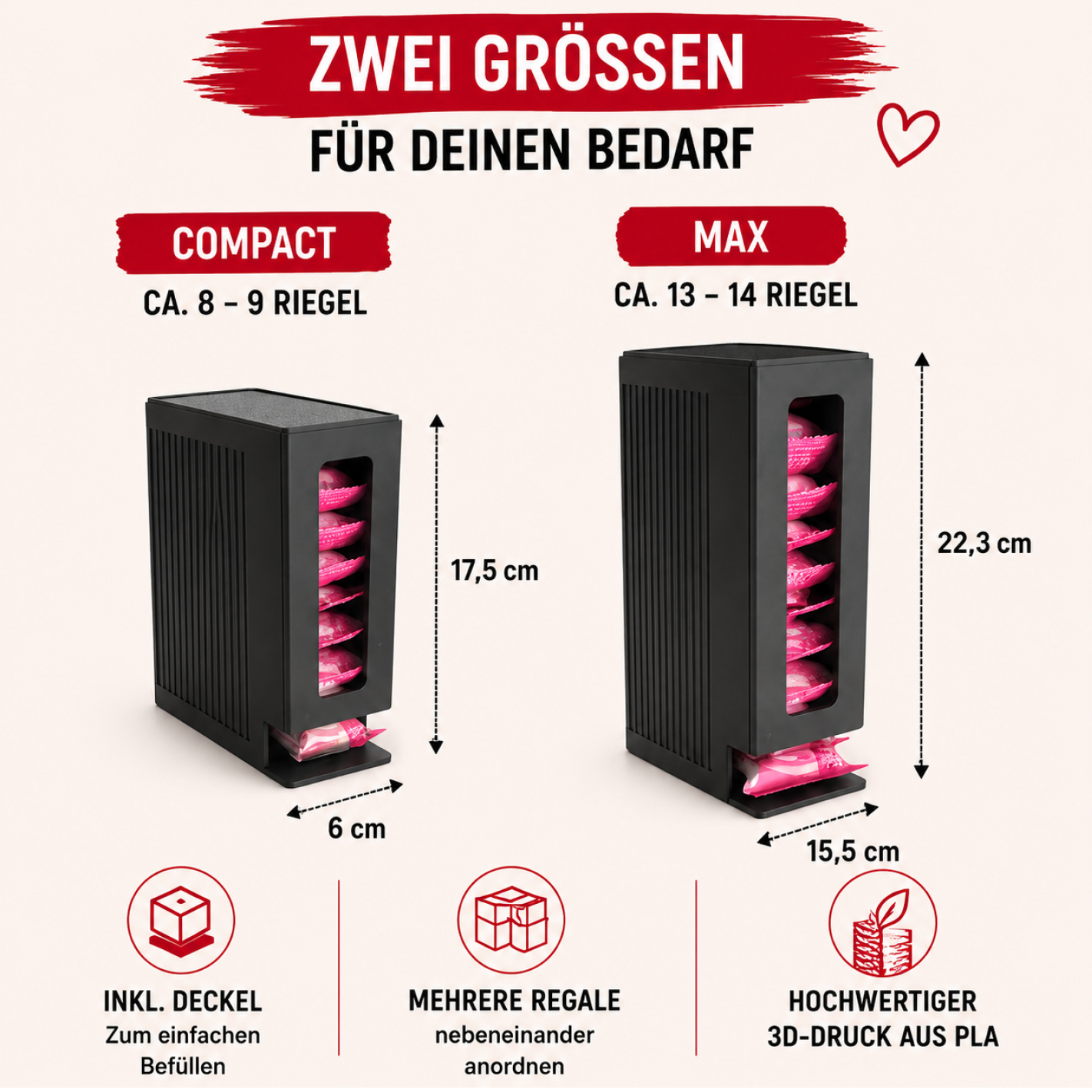 More Nutrition & ESN I Protein Bar Organizer für Proteinriegel – 2 Größen (Compact 13-14) – 12 Farben – 3D gedruckt I 1 Stück