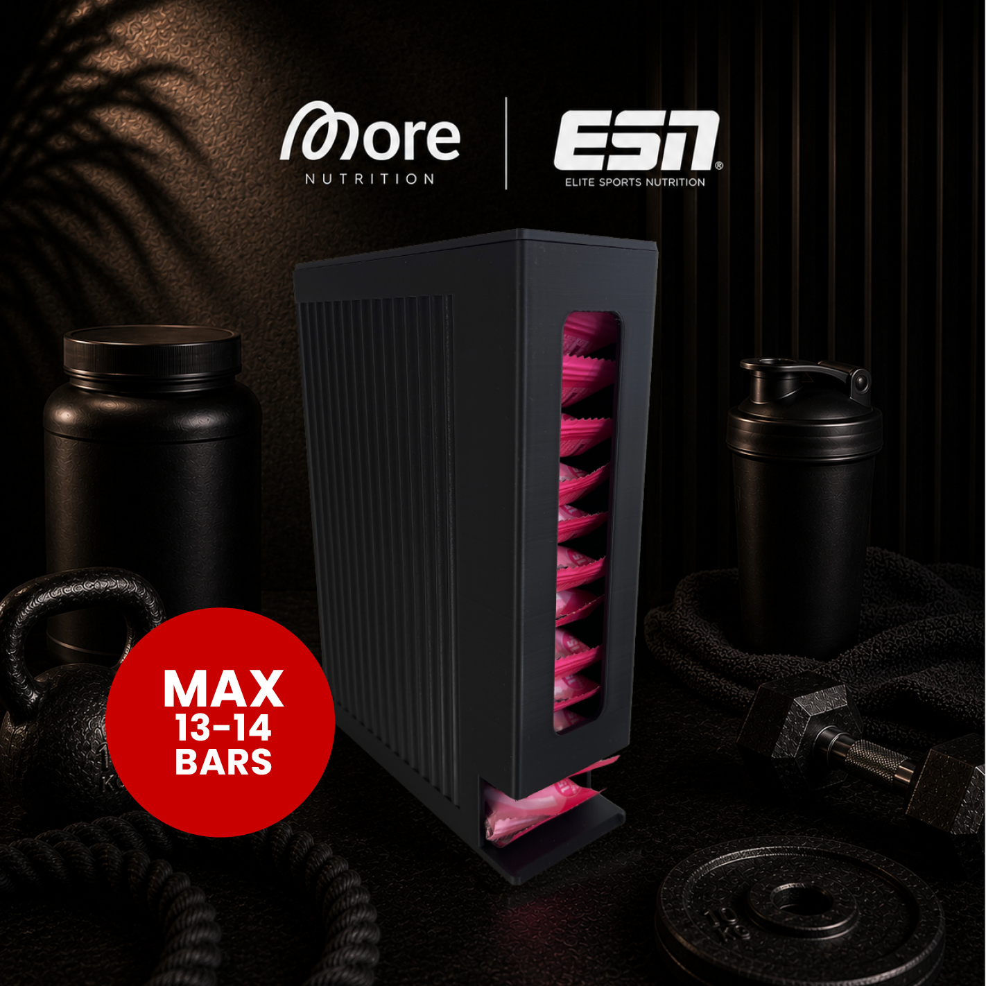 More Nutrition & ESN I Protein Bar Organizer für Proteinriegel – 2 Größen (Compact 13-14) – 12 Farben – 3D gedruckt I 1 Stück