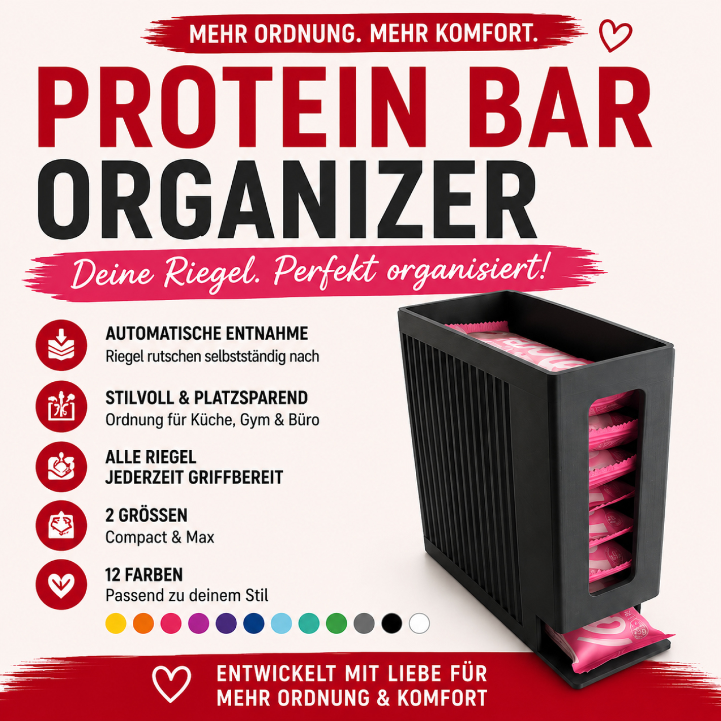 More Nutrition & ESN I Protein Bar Organizer für Proteinriegel – 2 Größen (Compact 13-14) – 12 Farben – 3D gedruckt I 1 Stück