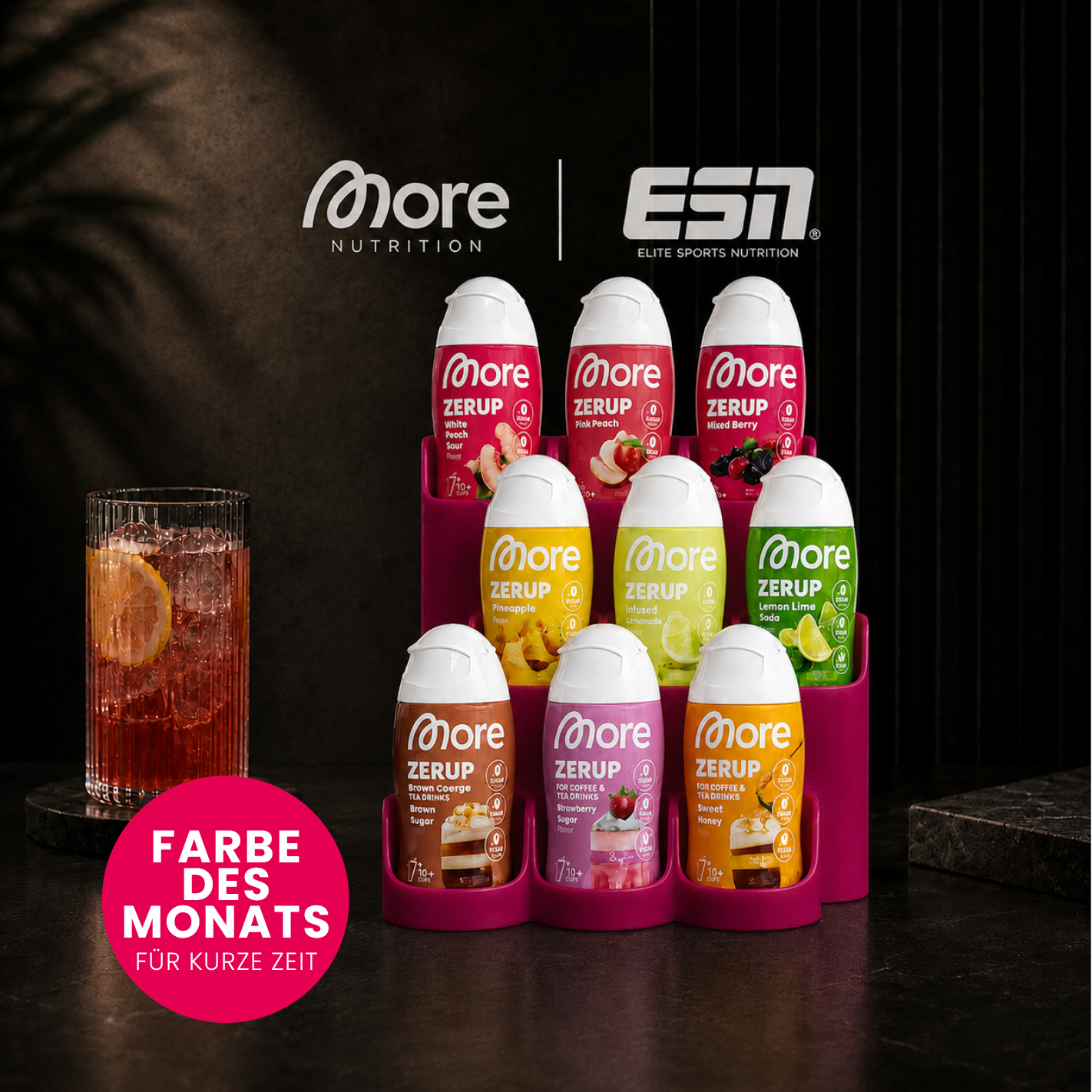 More Nutrition & ESN I Zerup Organizer für 9 Flaschen – Modular erweiterbar – Exklusive Monatsfarbe Magenta – 3D gedruckt I 1 Stück