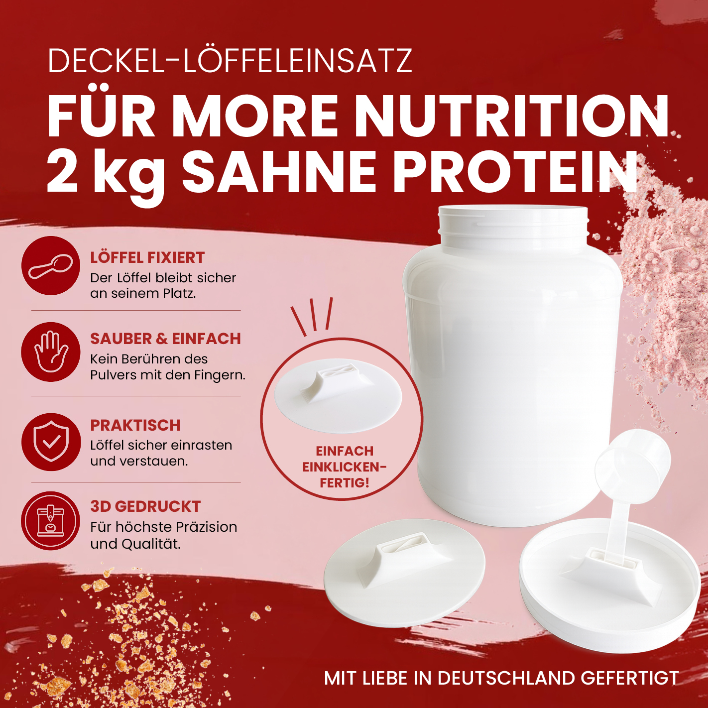 More Nutrition (1) Löffelhalter für 2kg More Protein Sahne Dosen – Wiederverwendbarer Halter für transparenten More Scoop | 3D gedruckt