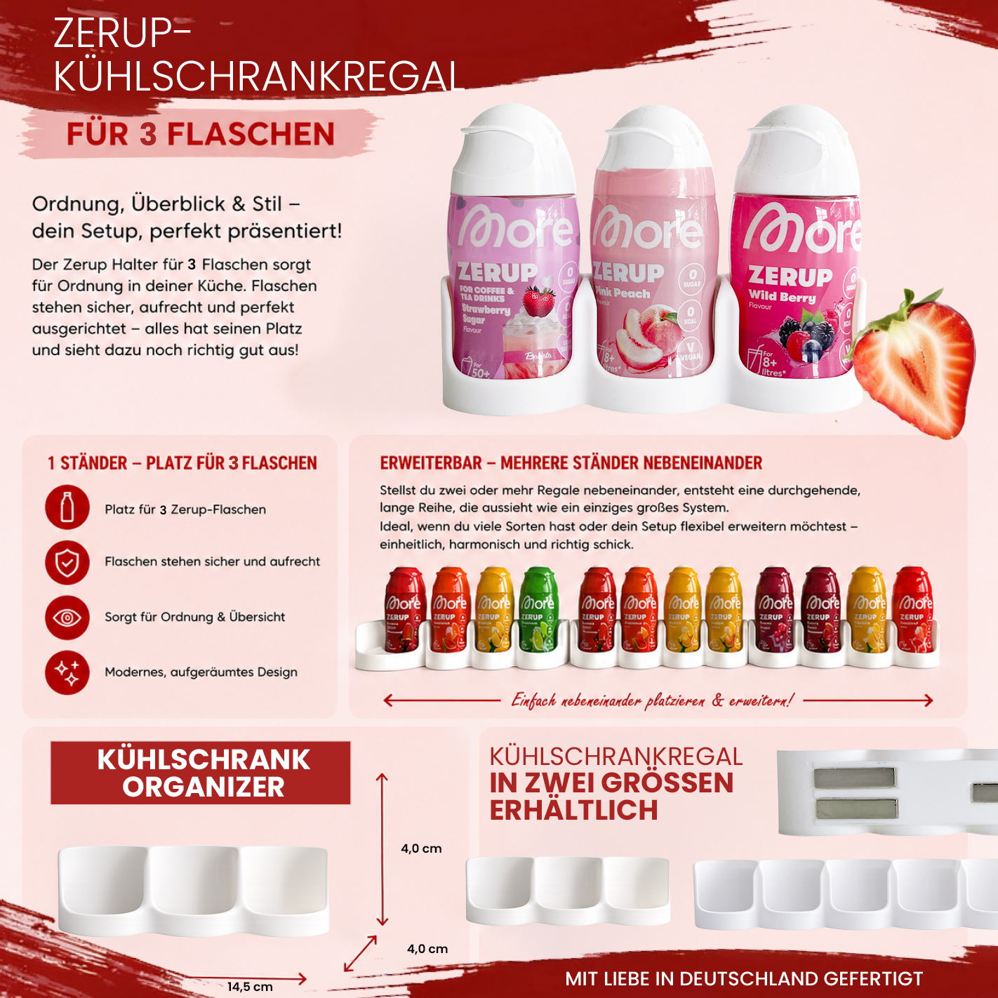 Zerup Kühlschrank Organizer für 3 Flaschen | Passend für More Nutrition & ESN | Magnetischer Kühlschrankhalter | 3D-Druck | 12 Farben