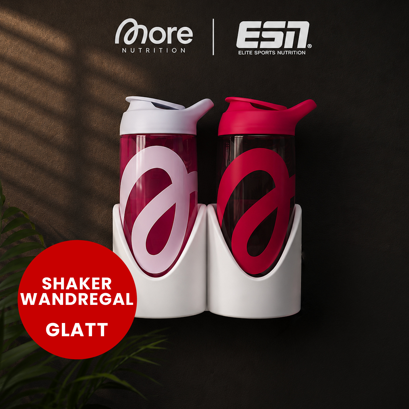 Shaker Wandhalterung für 2 Shaker | Passend für More Nutrition & ESN | Erweiterbar | Glatt | 3D-Druck | 12 Farben