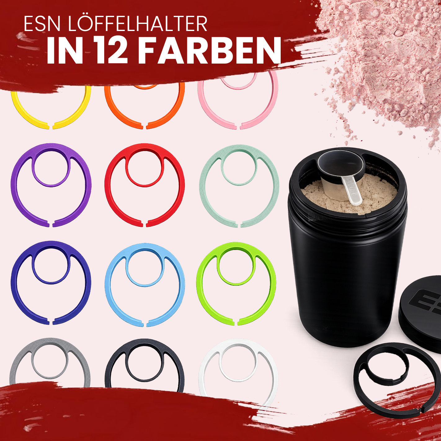 ESN (1) Löffelhalter für 908 g Protein Dose – Scoop Halter & Abstreichhilfe | 3D gedruckt | Wiederverwendbarer Einsatz für ESN Designer Whey