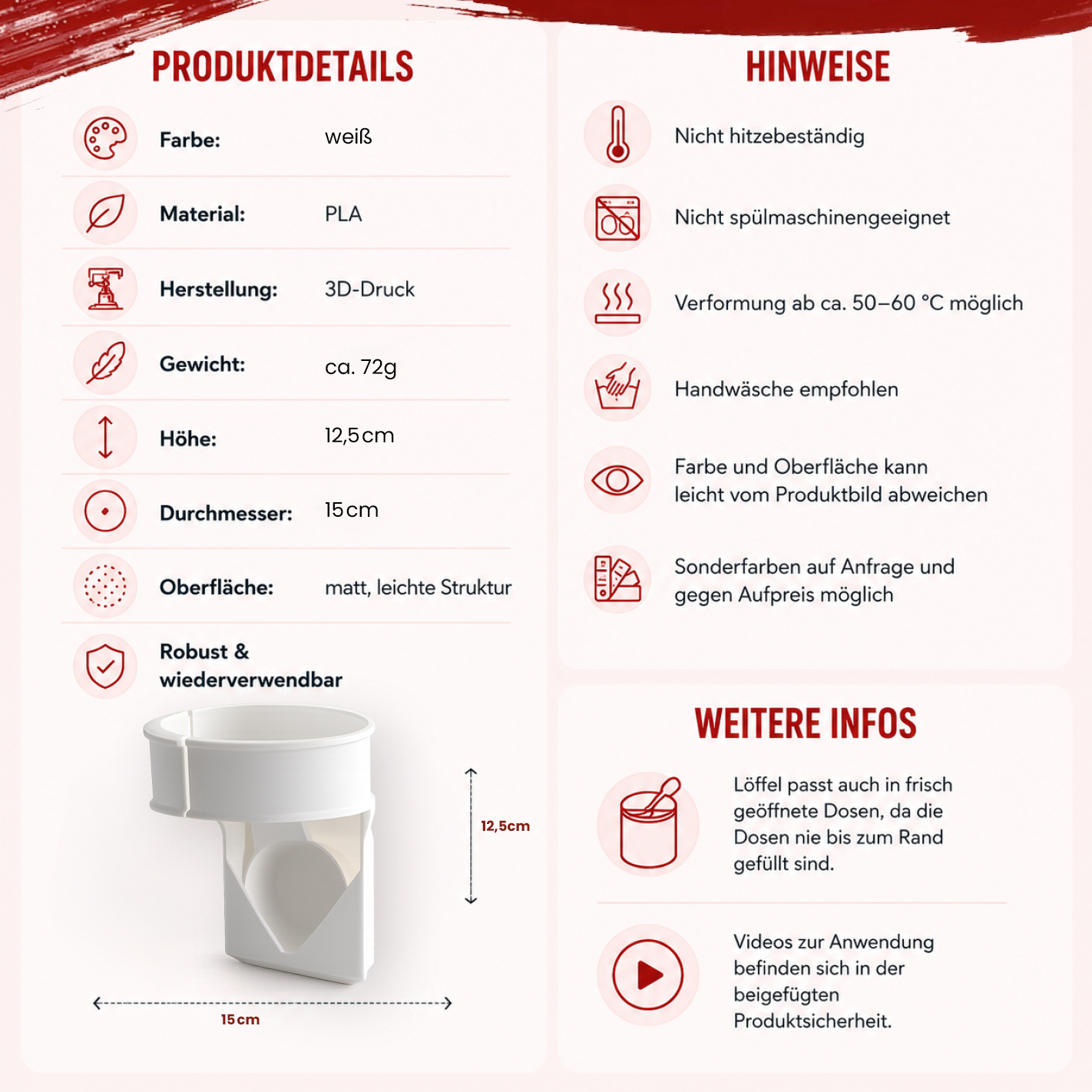More Nutrition 2kg Löffelhalter – Scoop Halter für Barista & Sahne Protein Dosen | Wiederverwendbarer 3D-Druck Einsatz I Farbe weiß I 1 STK