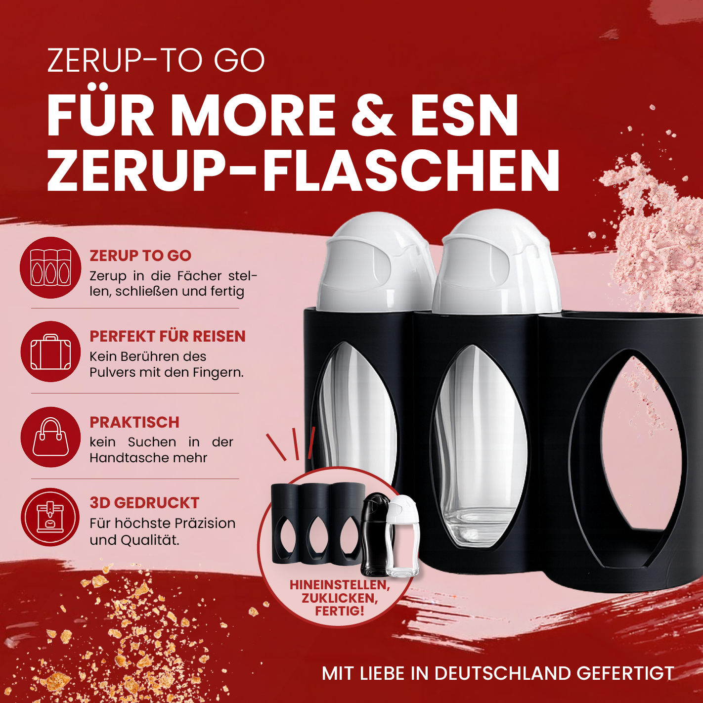 Zerup-to-Go Box für 3 Flaschen – Reise Organizer für More Nutrition & ESN Zerup | 3D gedruckte Aufbewahrungsbox mit Deckel