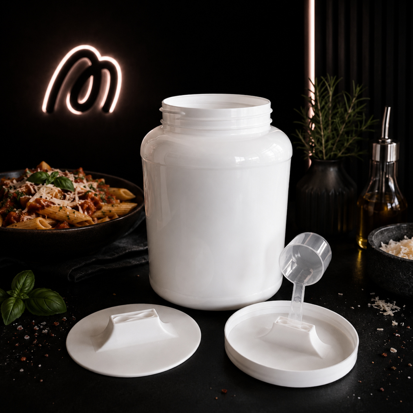 More Nutrition (1) Löffelhalter für 2kg More Protein Sahne Dosen – Wiederverwendbarer Halter für transparenten More Scoop | 3D gedruckt