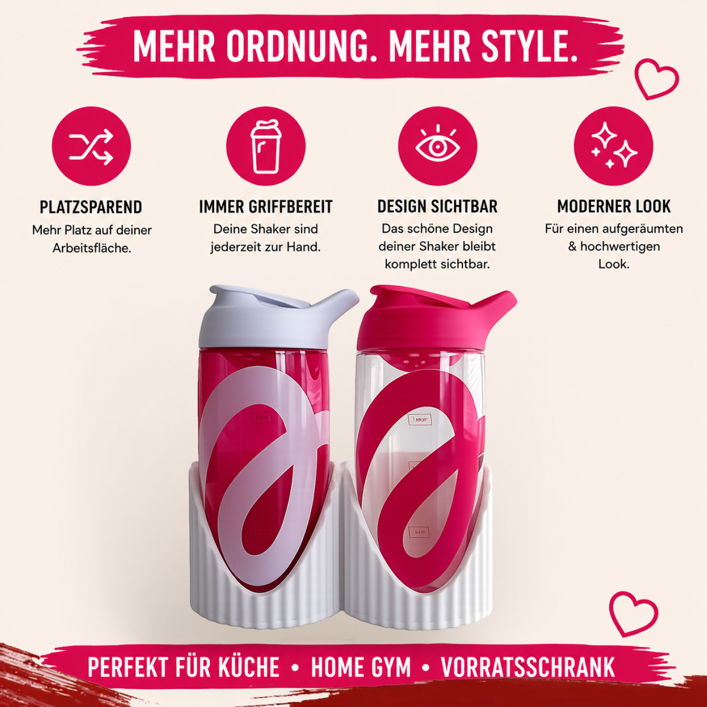 Shaker Wandhalterung für 2 Shaker | Passend für More Nutrition & ESN | Erweiterbar | Glatt | 3D-Druck | 12 Farben