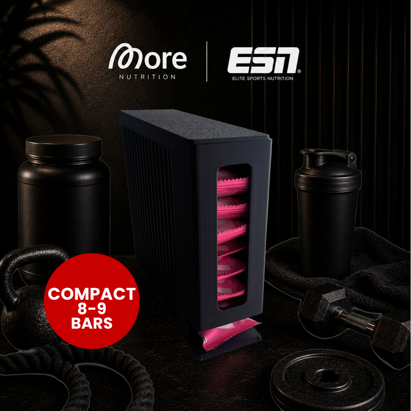 More Nutrition & ESN I Protein Bar Organizer für Proteinriegel – 2 Größen (Compact 8-9) – 12 Farben – 3D gedruckt I 1 Stück