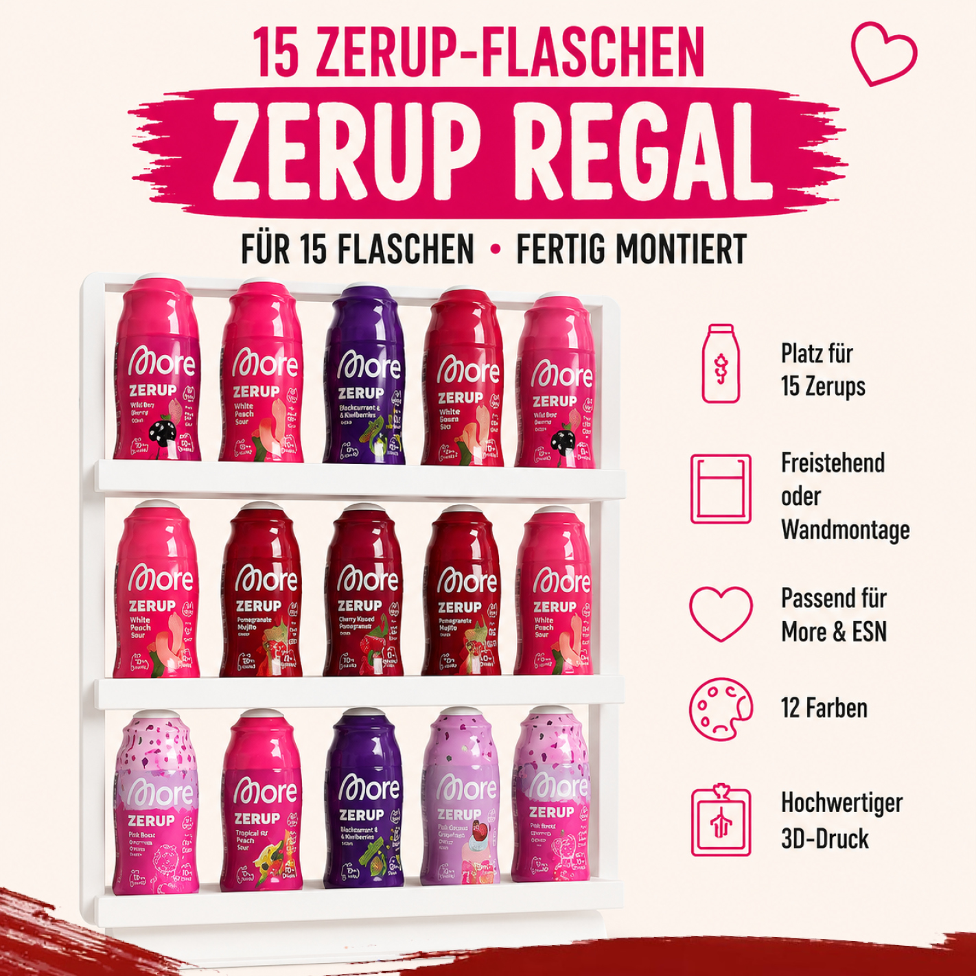 Zerup Regal für 15 Flaschen | Passend für More Nutrition & ESN | Freistehend  | Fertig montiert | 3D-Druck | 12 Farben