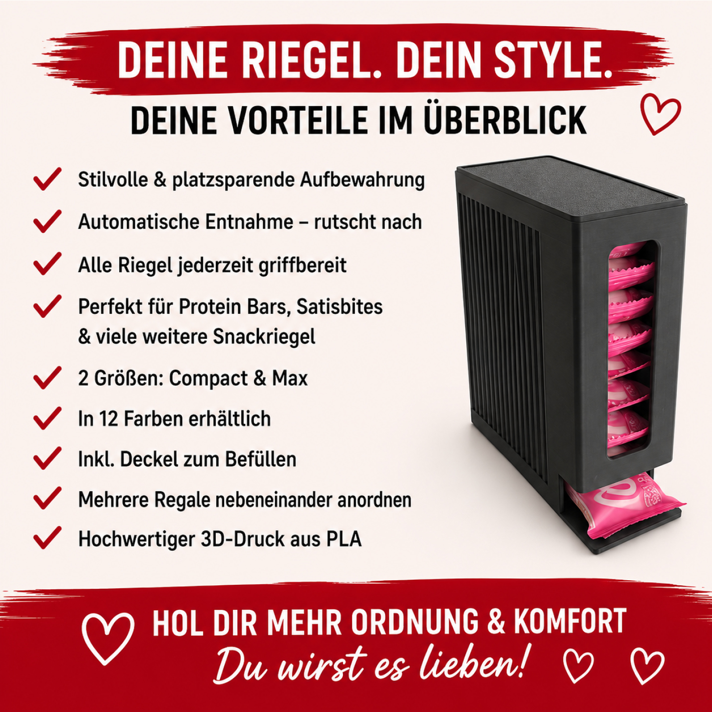 More Nutrition & ESN I Protein Bar Organizer für Proteinriegel – 2 Größen (Compact 13-14) – 12 Farben – 3D gedruckt I 1 Stück