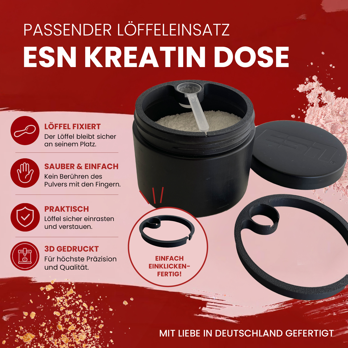 ESN Löffelhalter für 250g Kreatin Dose | 3D-gedruckt | verschiedene Farben I Farbe schwarz I 1 Stück