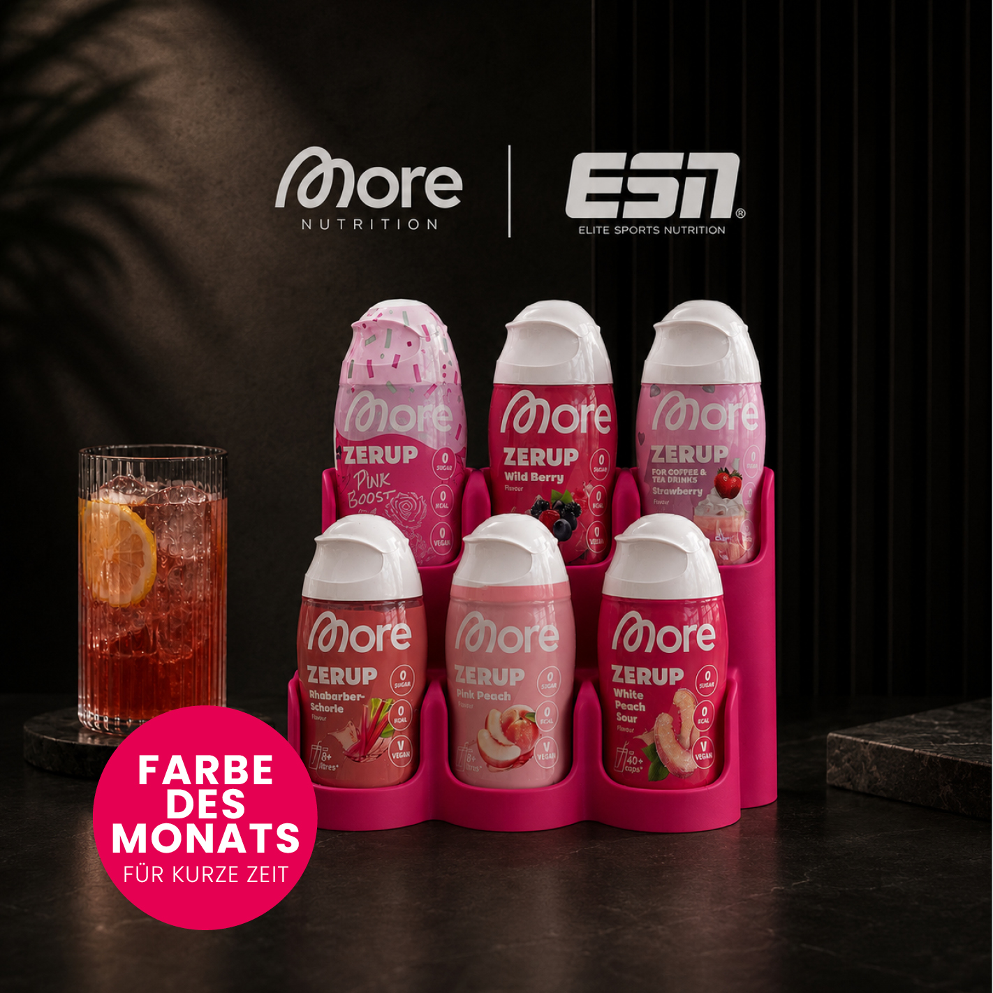 More Nutrition & ESN I Zerup Organizer für 6 Flaschen – Modular erweiterbar – Exklusive Monatsfarbe Magenta – 3D gedruckt I 1 Stück