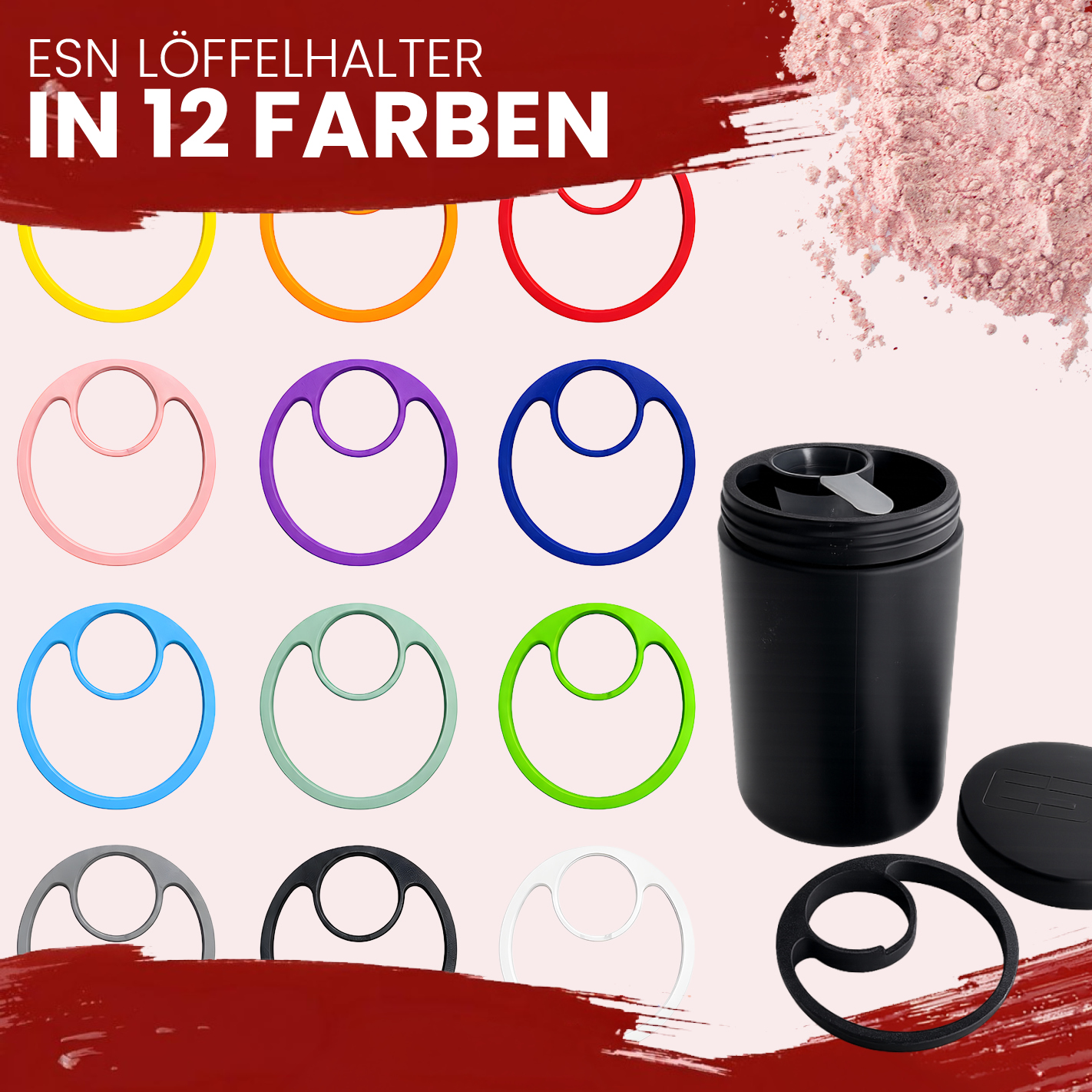 ESN (1)Löffelhalter für 300 g Protein Dose – Scoop Halter & Abstreifhilfe | 3D gedruckter Einsatz | Passend für ESN Geschmackspulver