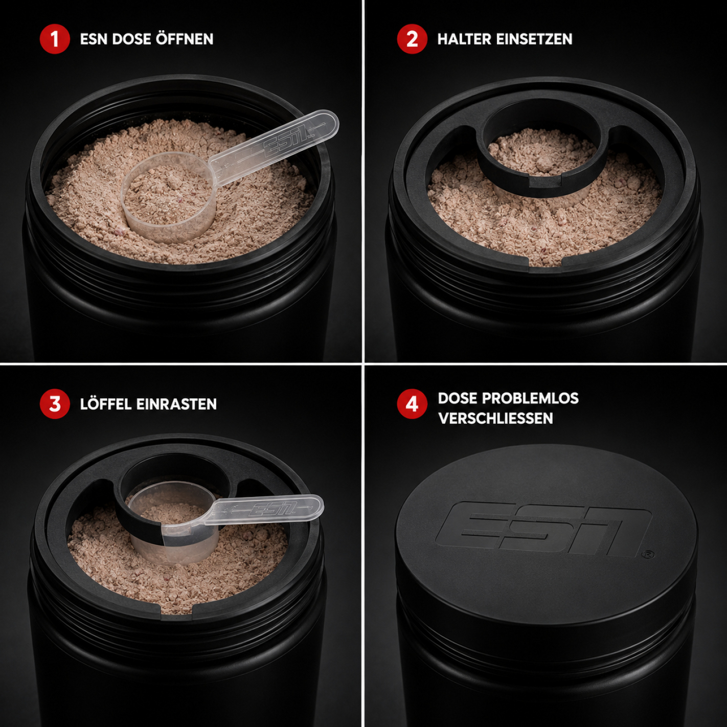ESN (1)Löffelhalter für 300 g Protein Dose – Scoop Halter & Abstreifhilfe | 3D gedruckter Einsatz | Passend für ESN Geschmackspulver