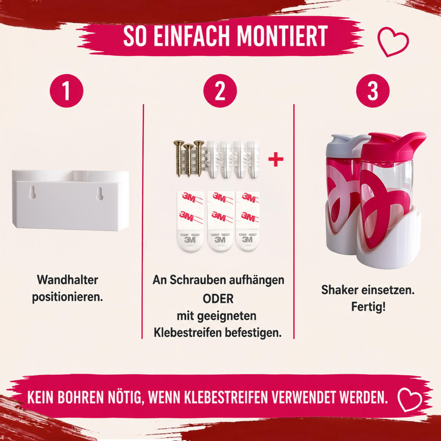 Shaker Wandhalterung für 2 Shaker | Passend für More Nutrition & ESN | Erweiterbar | Glatt | 3D-Druck | 12 Farben