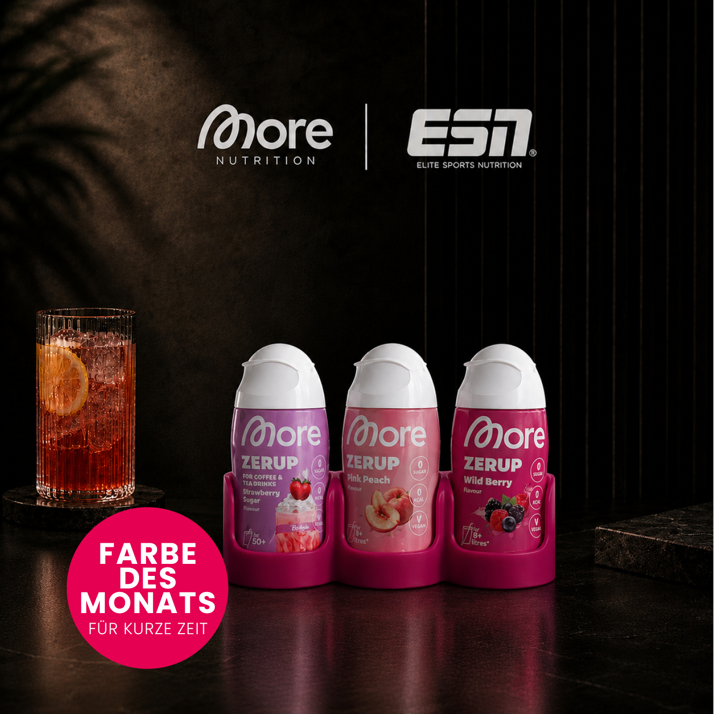 More Nutrition & ESN I Zerup Organizer für 3 Flaschen – Modular erweiterbar – Exklusive Monatsfarbe Magenta – 3D gedruckt I 1 Stück
