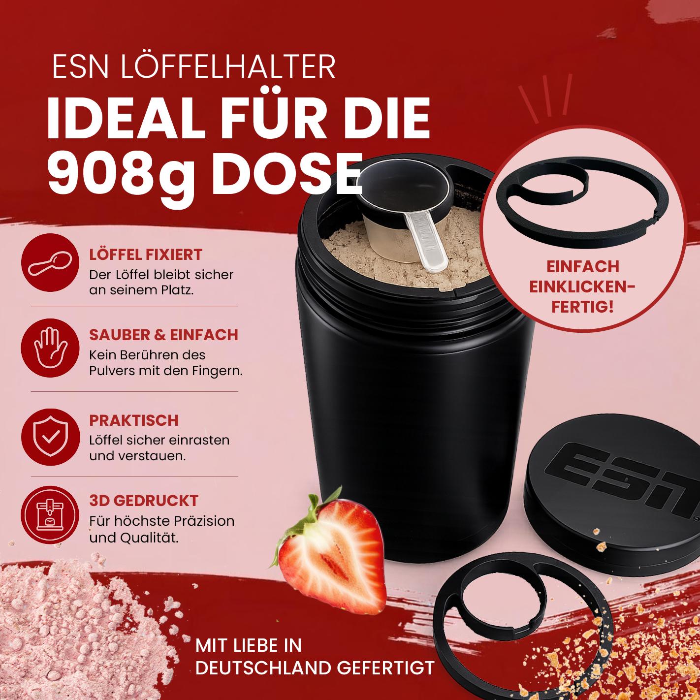 ESN (1) Löffelhalter für 908 g Protein Dose – Scoop Halter & Abstreichhilfe | 3D gedruckt | Wiederverwendbarer Einsatz für ESN Designer Whey
